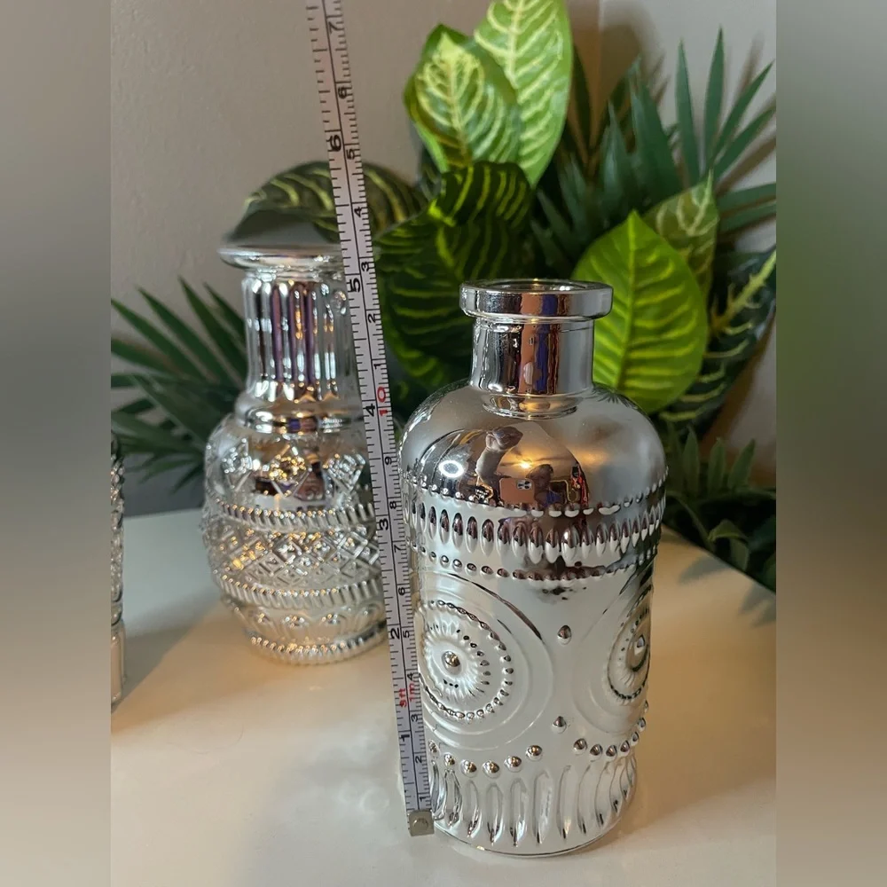 Silver Chrome Textured Glass Vases with Ornate Accents, Bud vase, Small vase